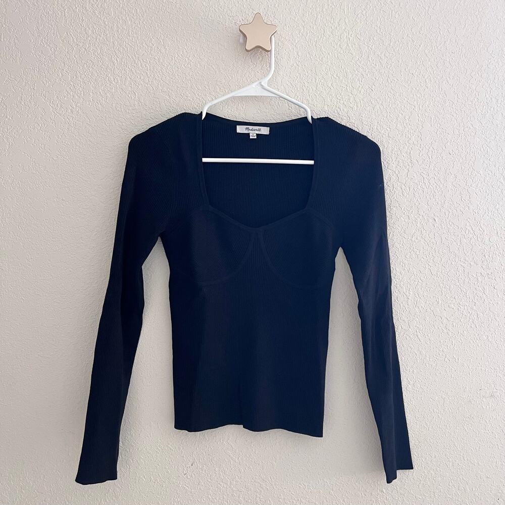Madewell Black Ribbed Sweetheart Neck Long Sleeve Knit Sweater Top Size Small
